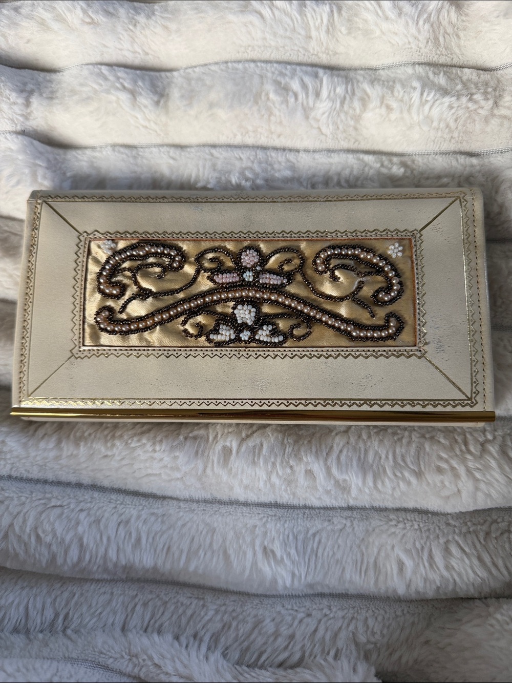 Embellished Ivory and Gold Beaded Clutch - Women's Accessories